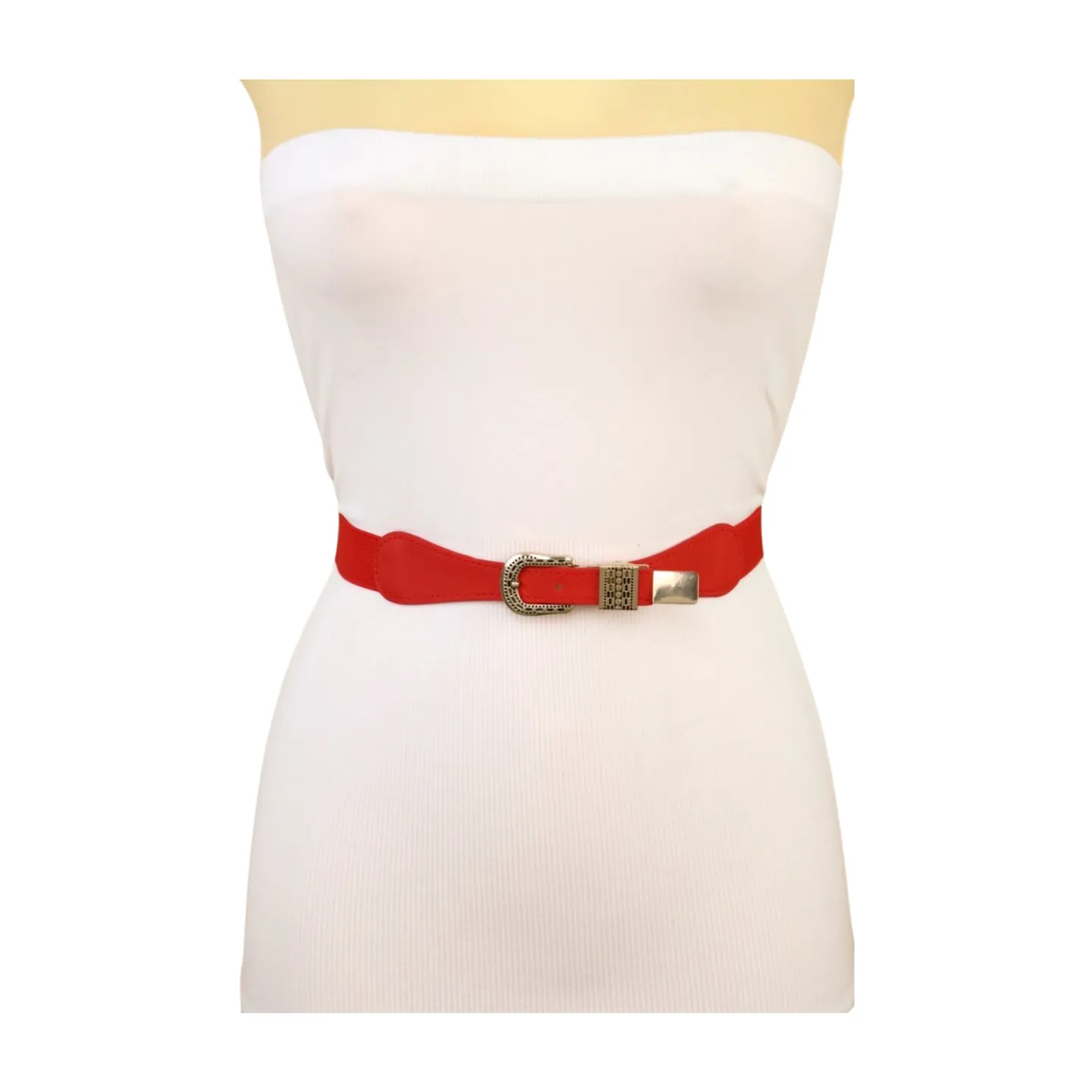 New Women Red Skinny Elastic Waistband Fashion Belt Hip High Waist Gold Buckle S M