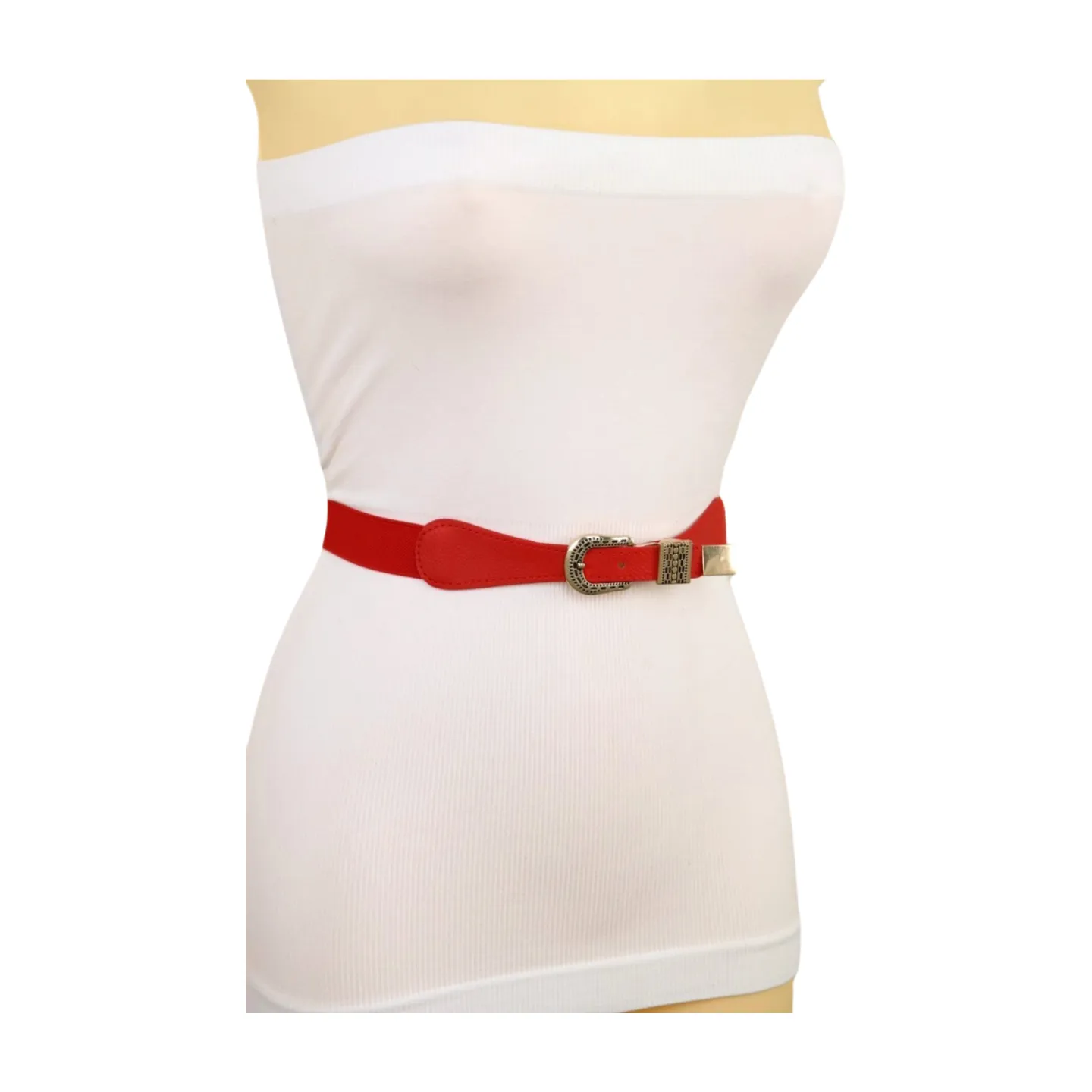 New Women Red Skinny Elastic Waistband Fashion Belt Hip High Waist Gold Buckle S M