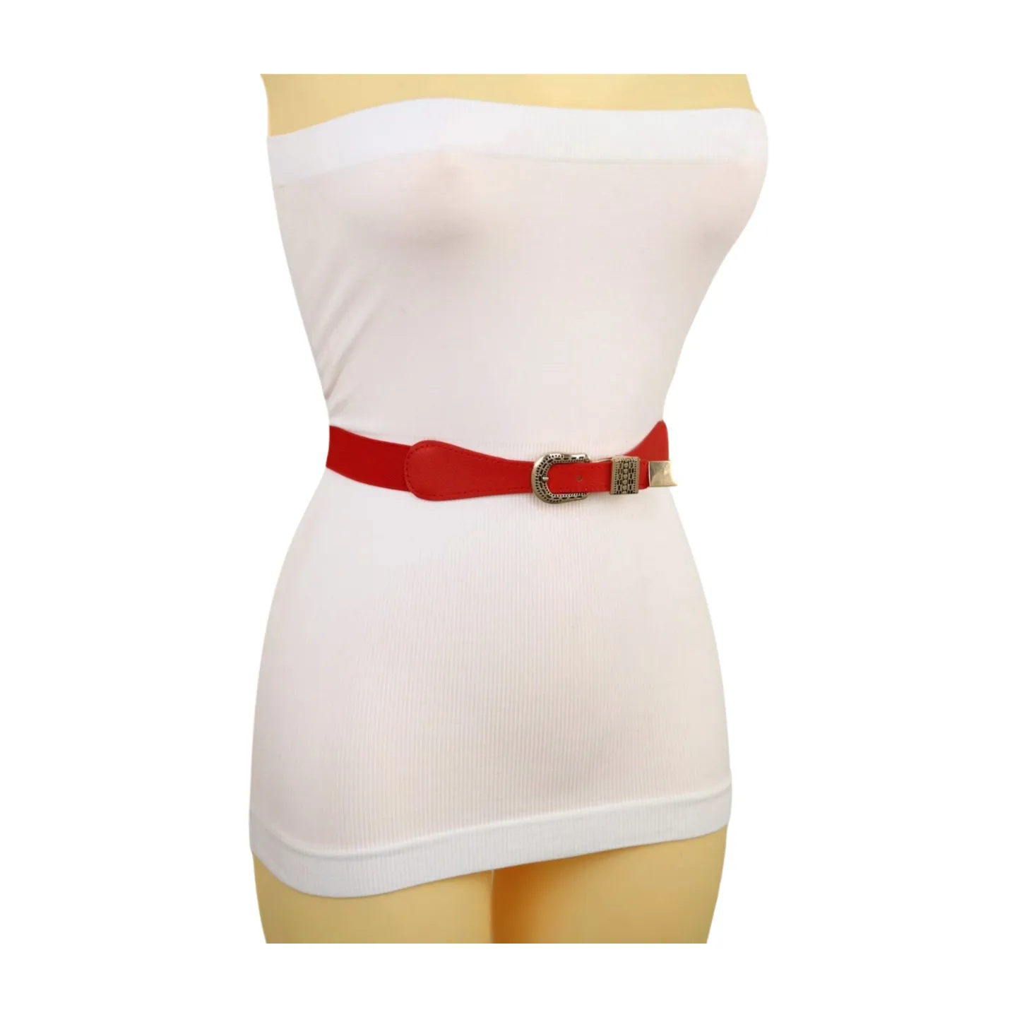 New Women Red Skinny Elastic Waistband Fashion Belt Hip High Waist Gold Buckle S M