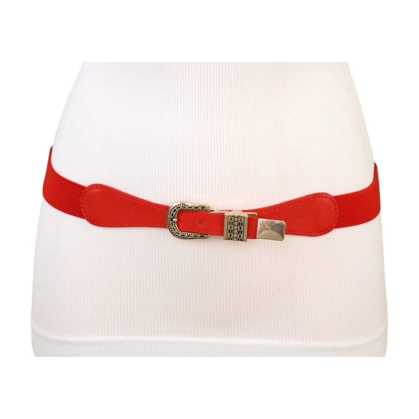 New Women Red Skinny Elastic Waistband Fashion Belt Hip High Waist Gold Buckle S M