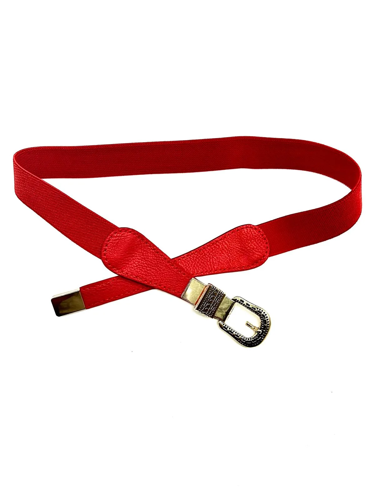 New Women Red Skinny Elastic Waistband Fashion Belt Hip High Waist Gold Buckle S M