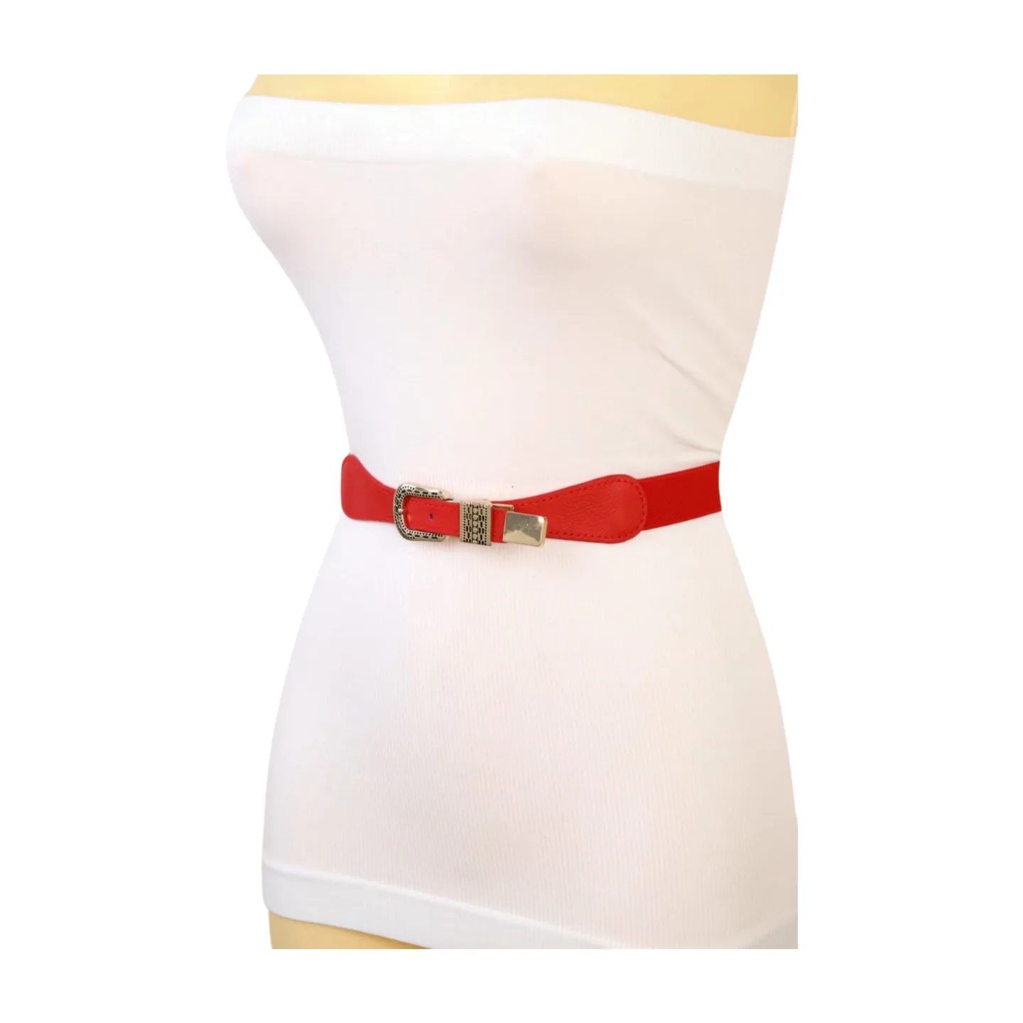 New Women Red Skinny Elastic Waistband Fashion Belt Hip High Waist Gold Buckle S M