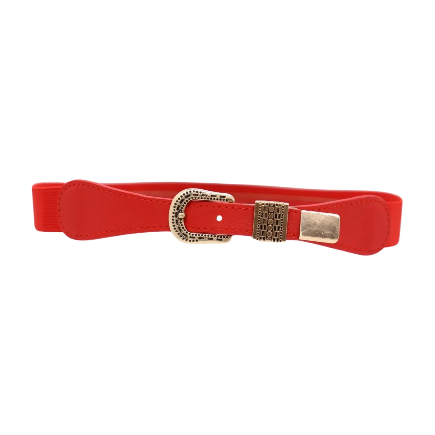 New Women Red Skinny Elastic Waistband Fashion Belt Hip High Waist Gold Buckle S M