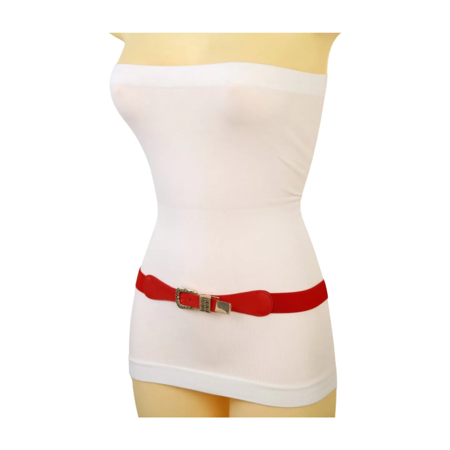 New Women Red Skinny Elastic Waistband Fashion Belt Hip High Waist Gold Buckle S M