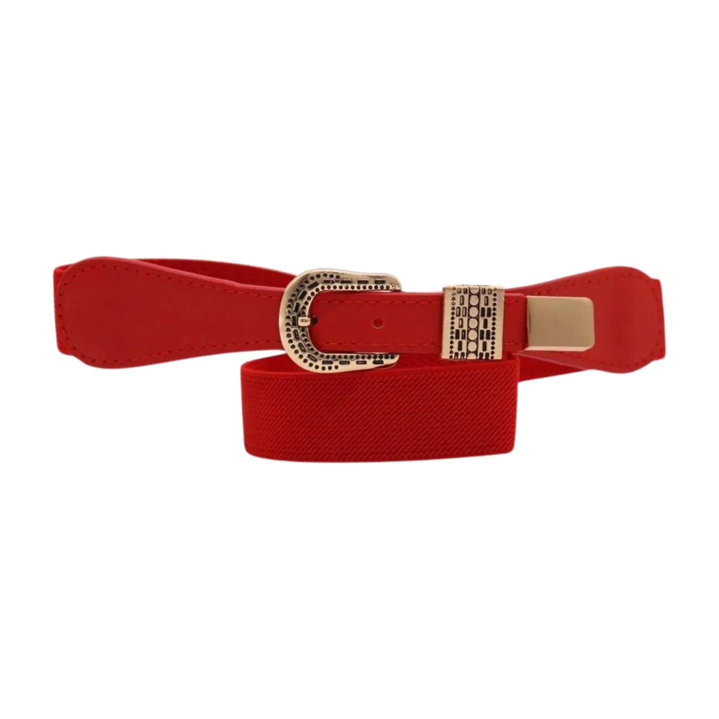 New Women Red Skinny Elastic Waistband Fashion Belt Hip High Waist Gold Buckle S M