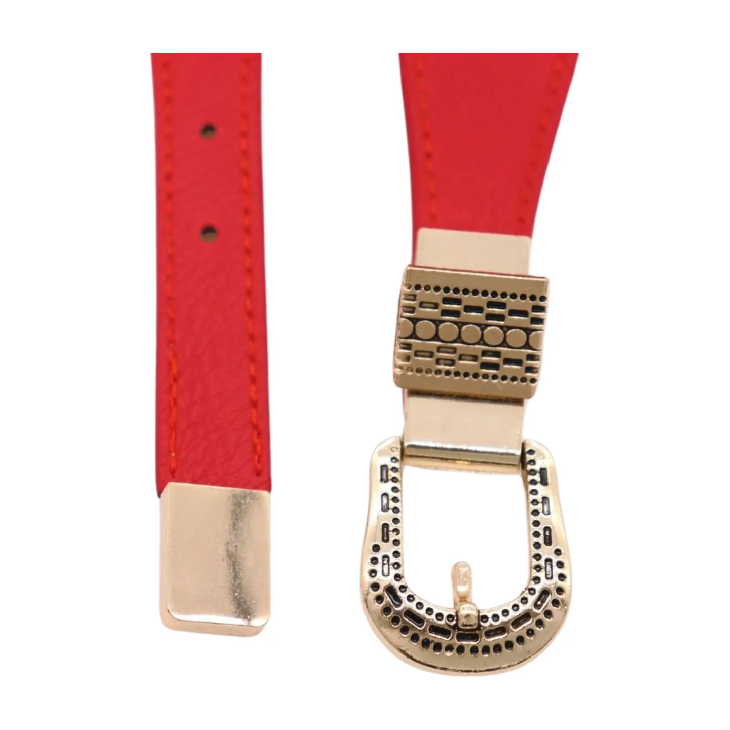 New Women Red Skinny Elastic Waistband Fashion Belt Hip High Waist Gold Buckle S M