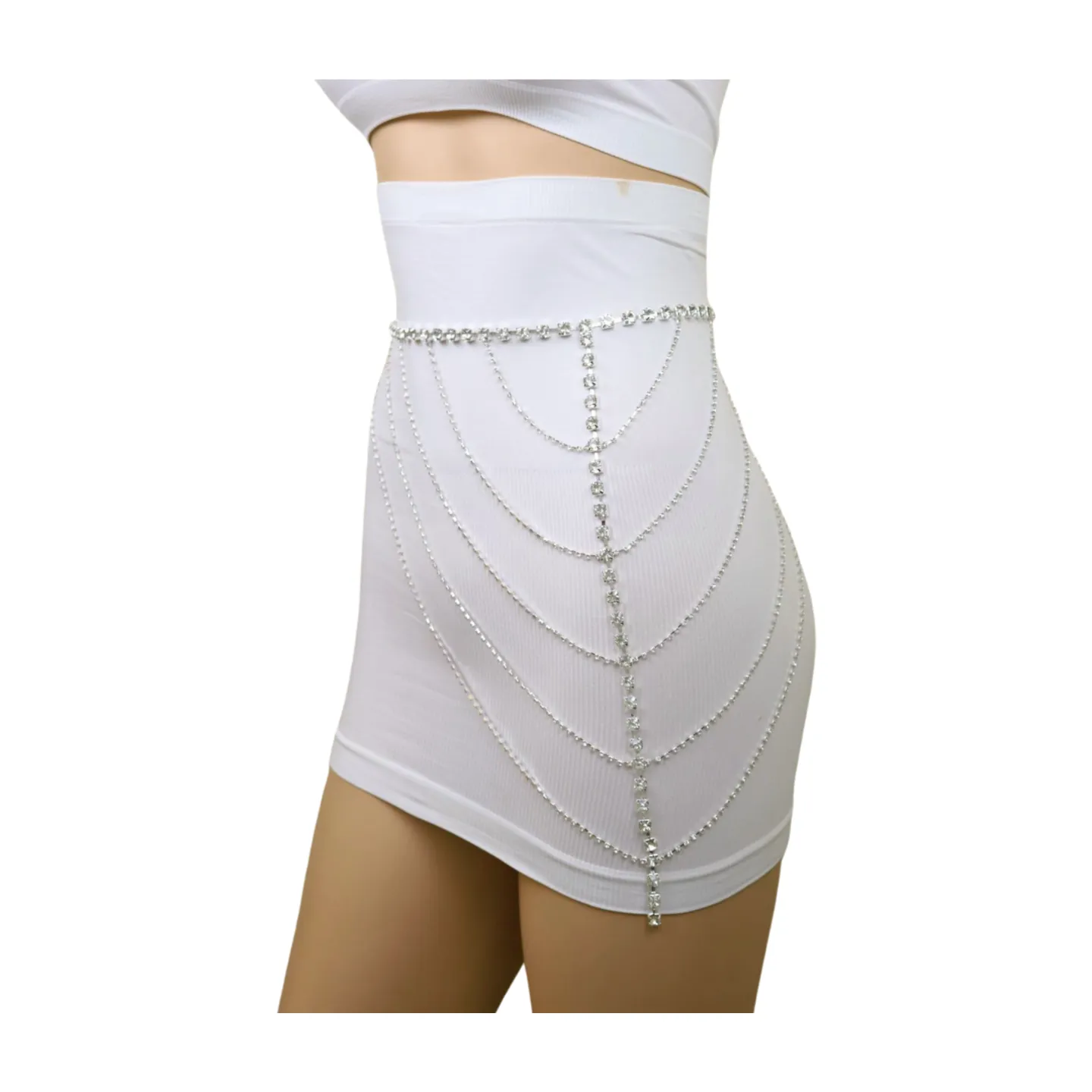New Women Silver Metal Chain Wave High Waist Belt Rhinestones Size S M