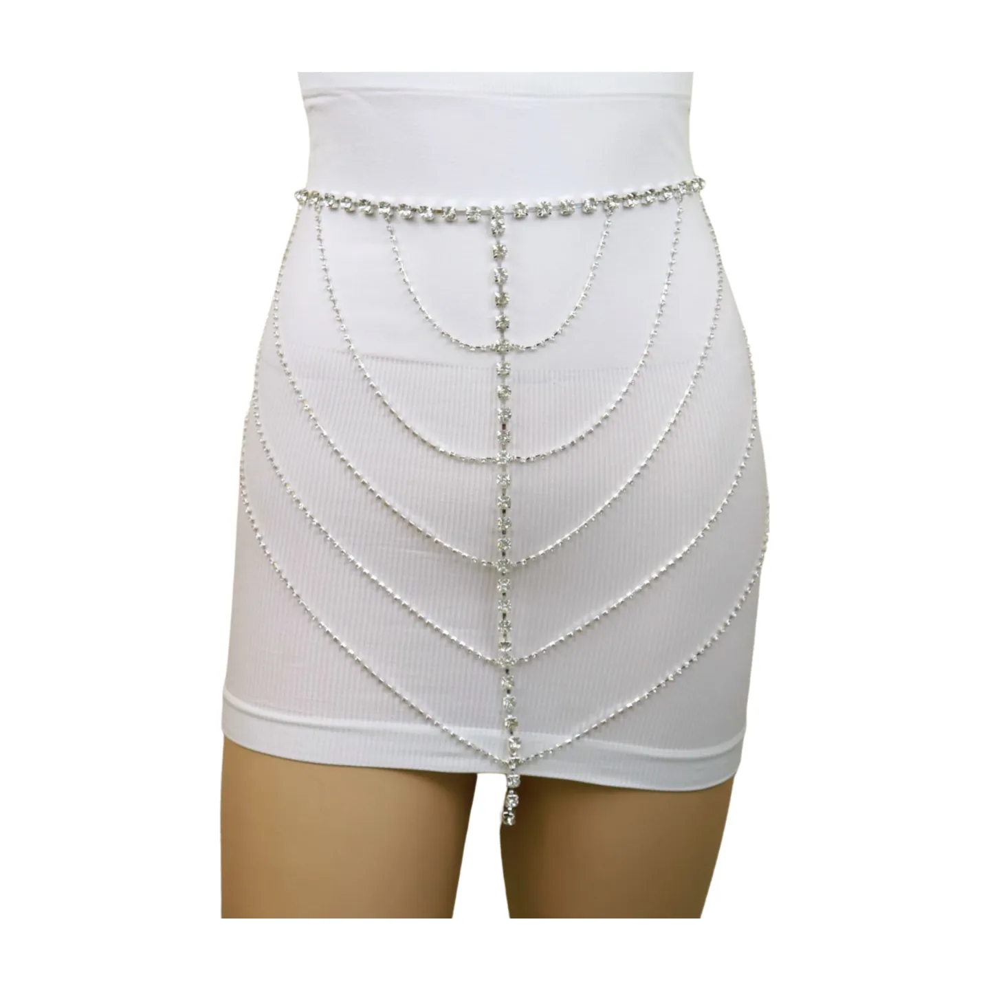 New Women Silver Metal Chain Wave High Waist Belt Rhinestones Size S M