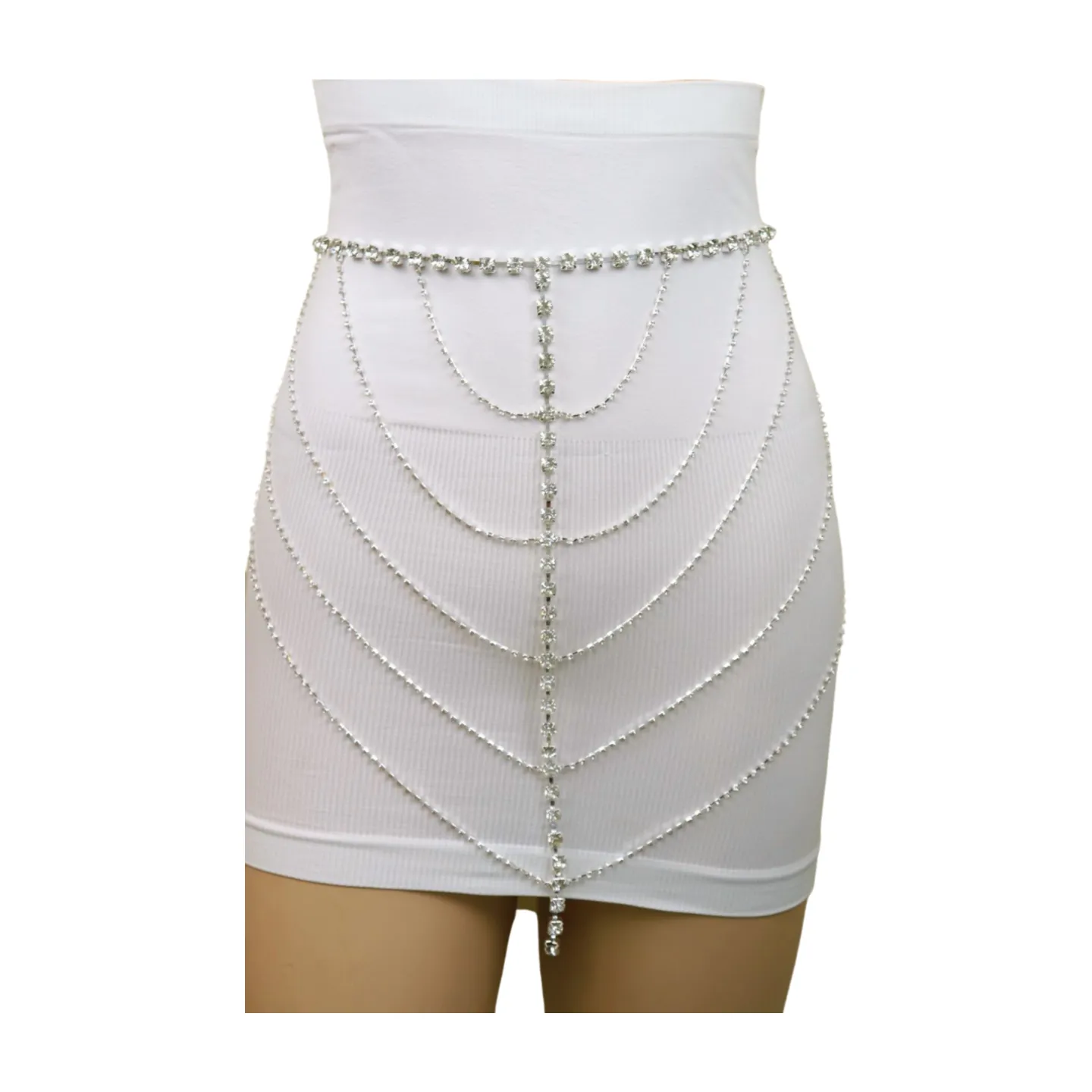 New Women Silver Metal Chain Wave High Waist Belt Rhinestones Size S M