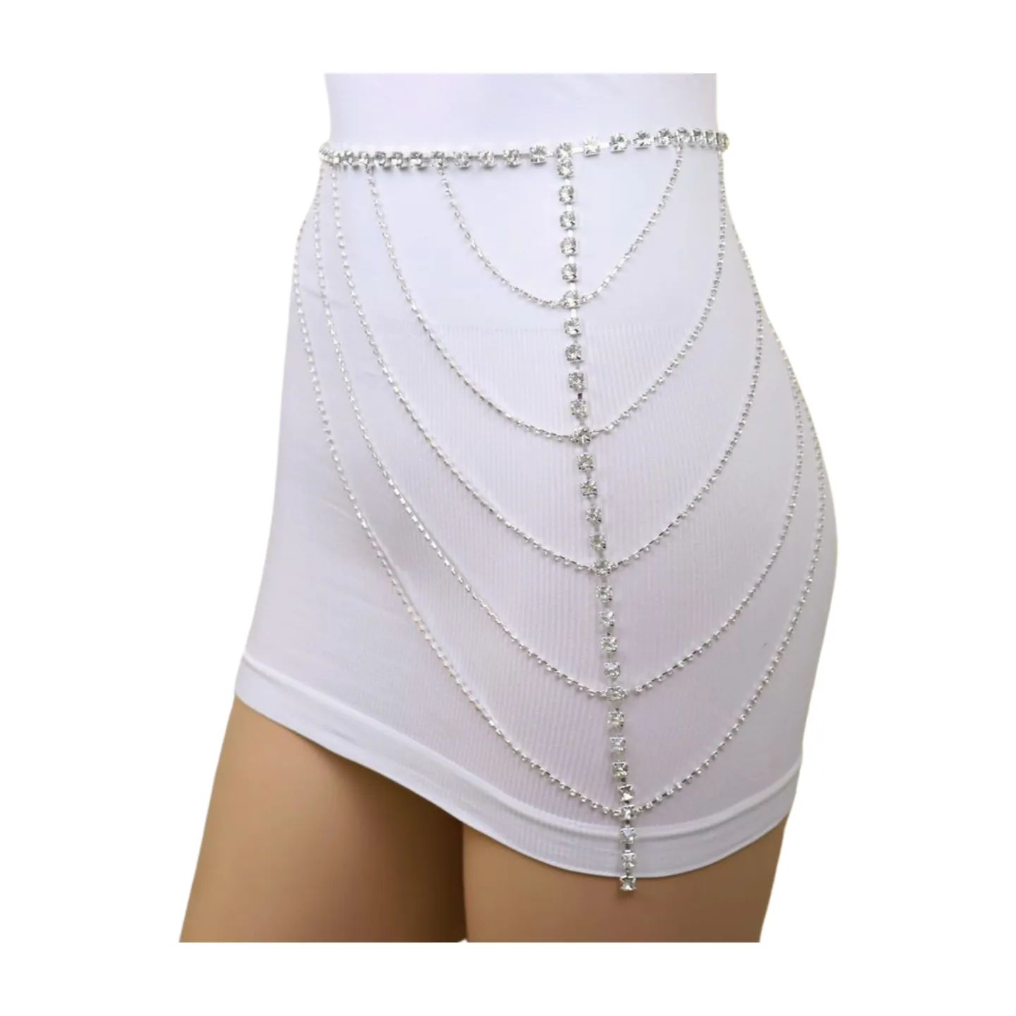 New Women Silver Metal Chain Wave High Waist Belt Rhinestones Size S M