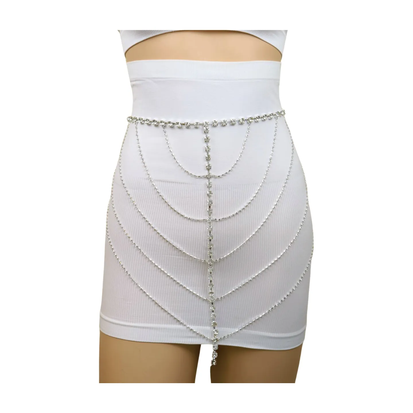 New Women Silver Metal Chain Wave High Waist Belt Rhinestones Size S M