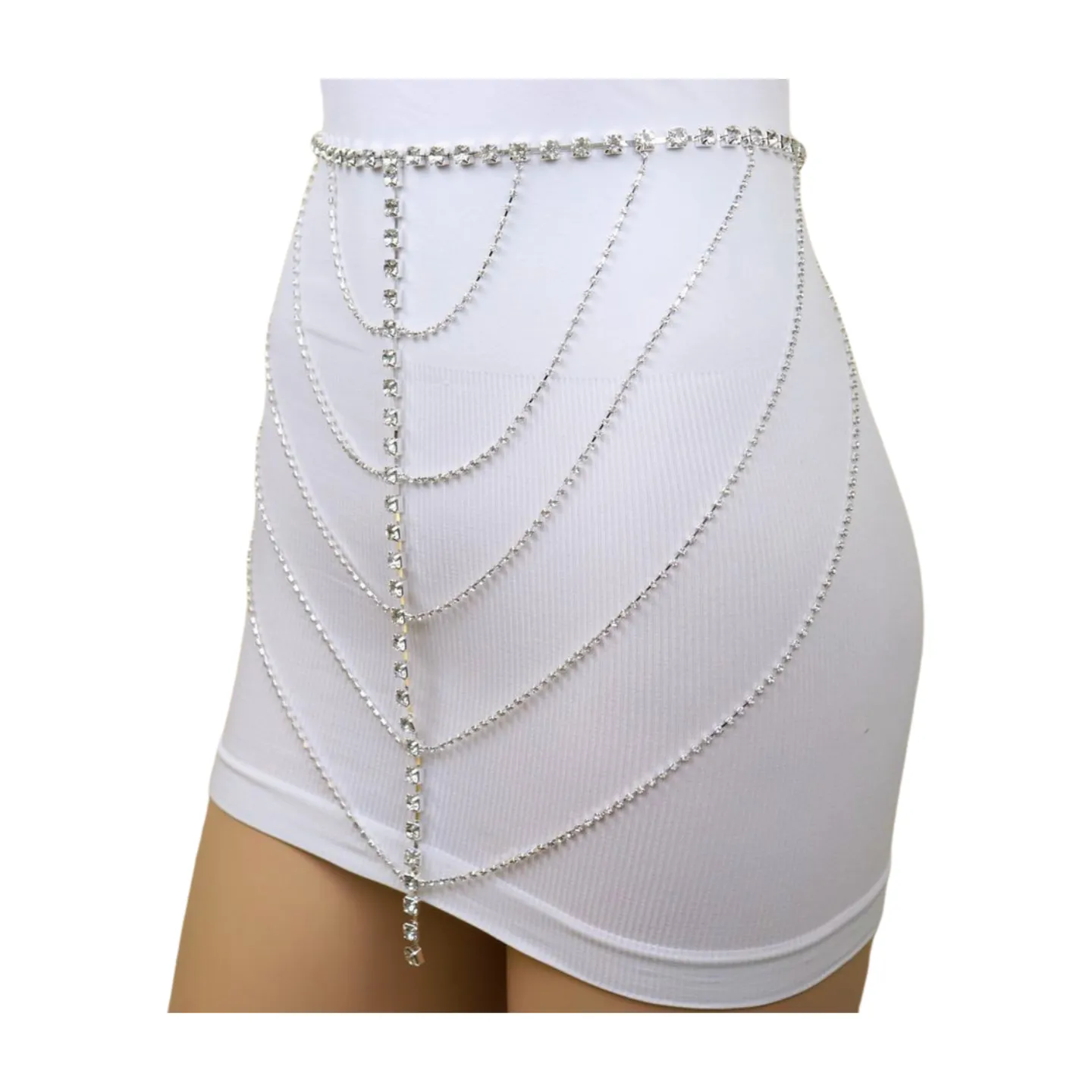 New Women Silver Metal Chain Wave High Waist Belt Rhinestones Size S M