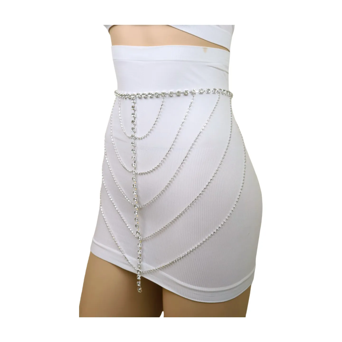 New Women Silver Metal Chain Wave High Waist Belt Rhinestones Size S M
