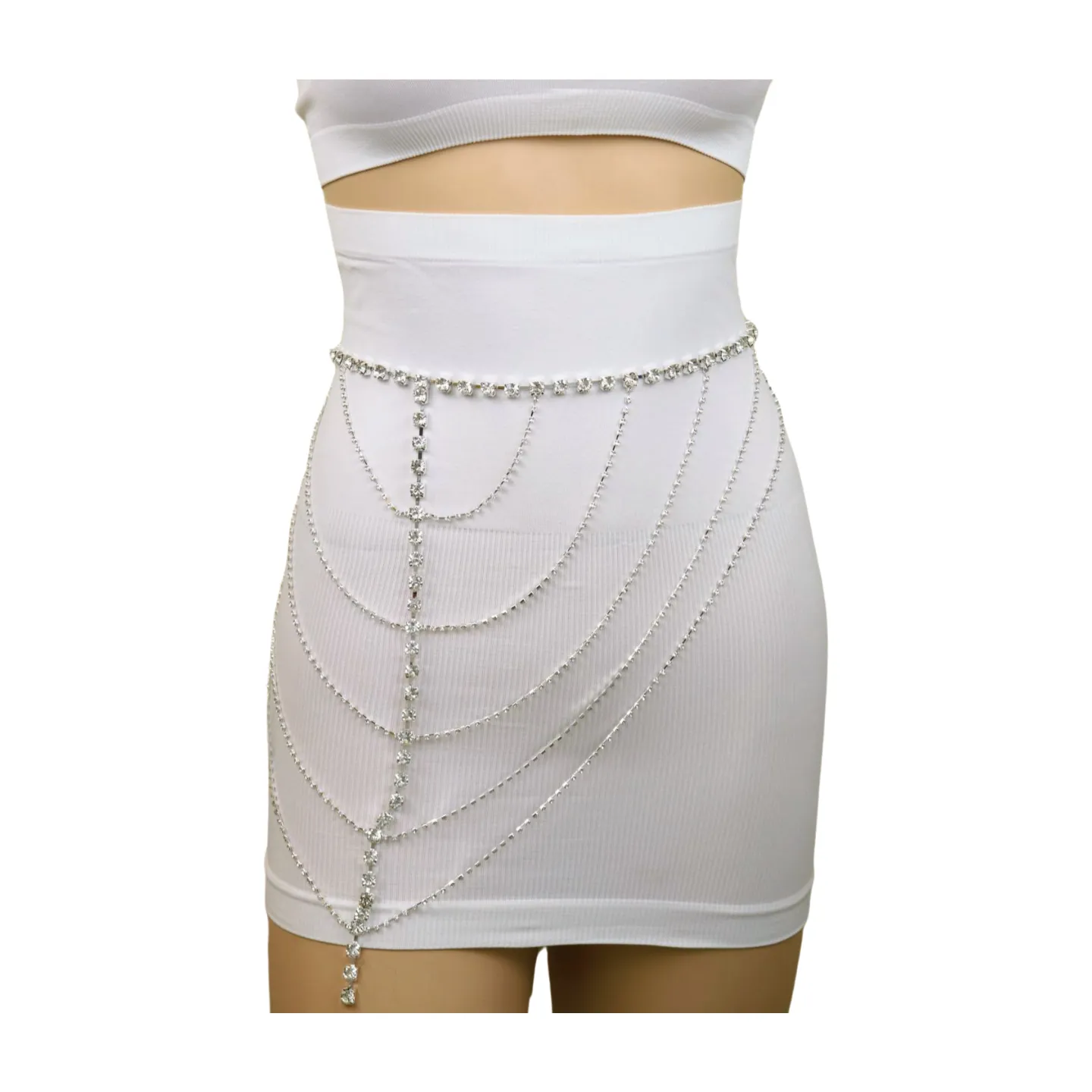 New Women Silver Metal Chain Wave High Waist Belt Rhinestones Size S M