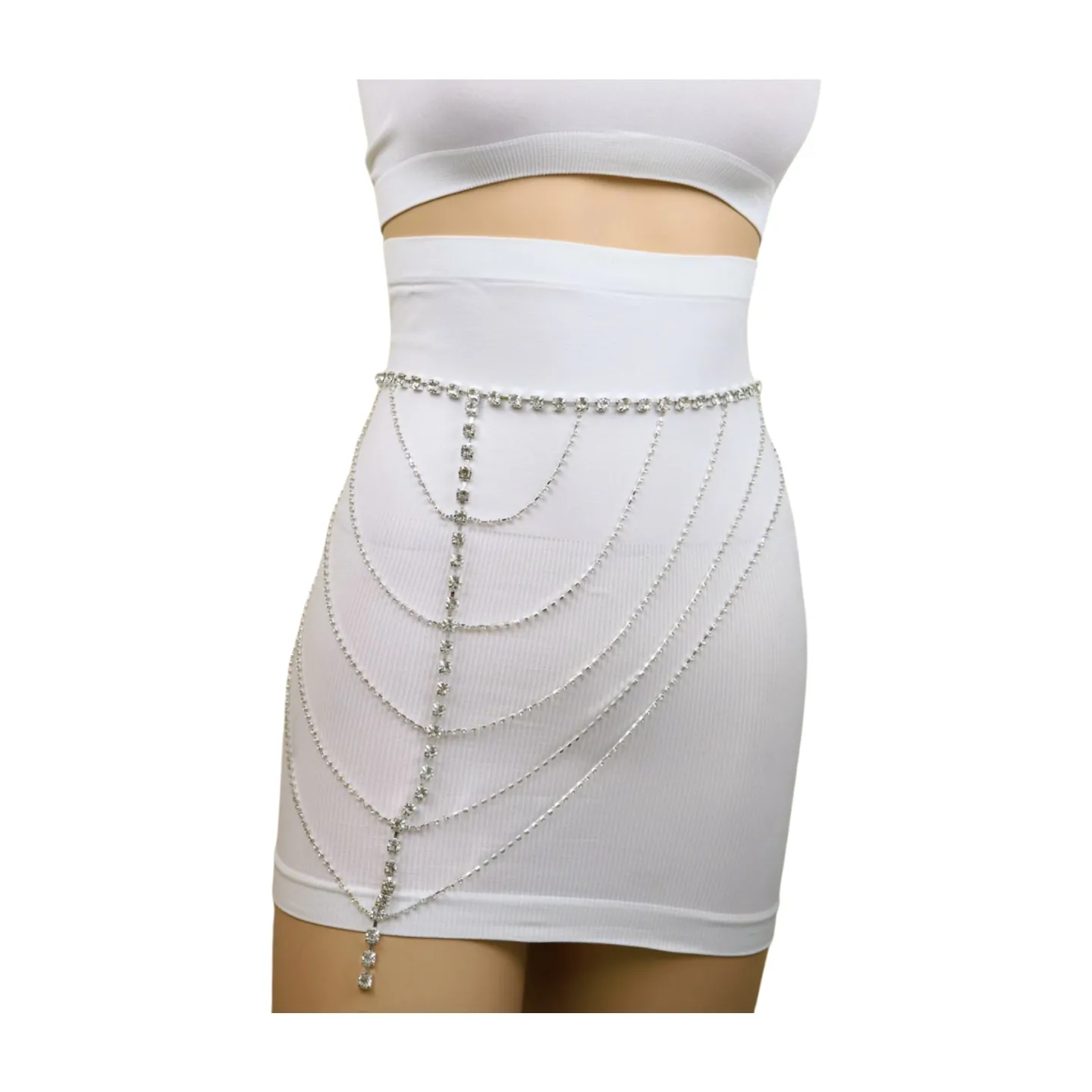New Women Silver Metal Chain Wave High Waist Belt Rhinestones Size S M