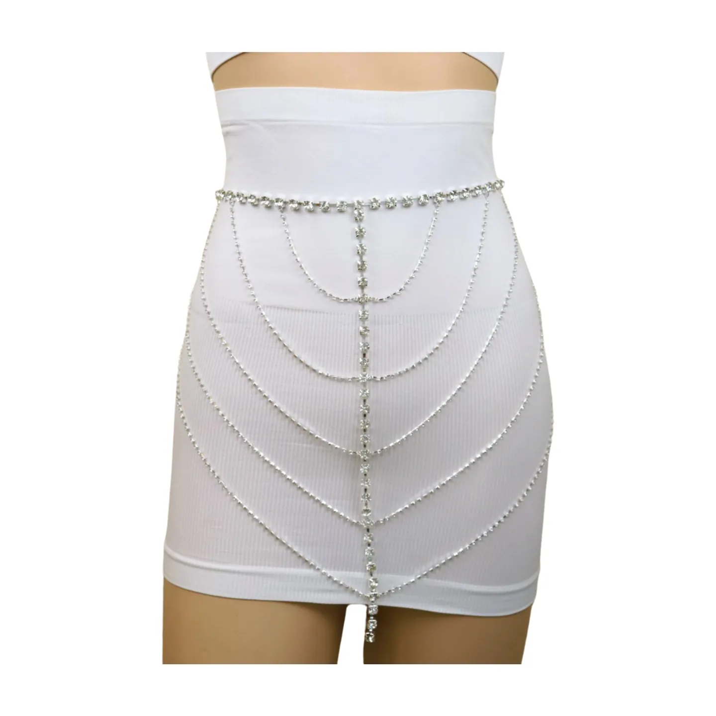 New Women Silver Metal Chain Wave High Waist Belt Rhinestones Size S M