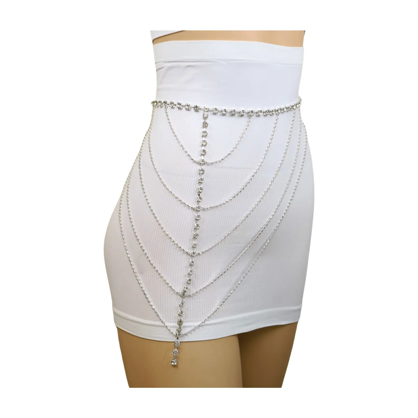 New Women Silver Metal Chain Wave High Waist Belt Rhinestones Size S M
