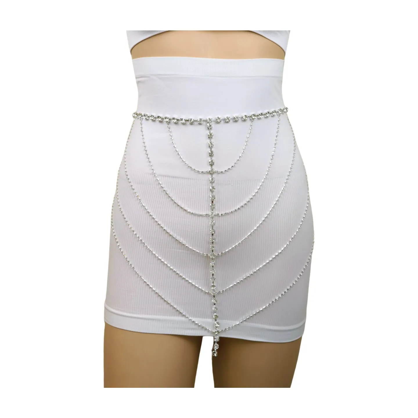 New Women Silver Metal Chain Wave High Waist Belt Rhinestones Size S M