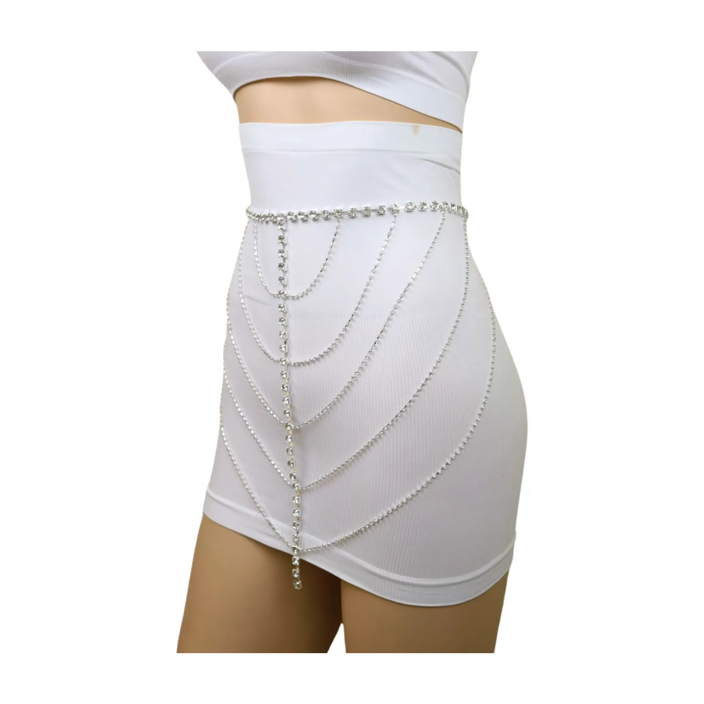 New Women Silver Metal Chain Wave High Waist Belt Rhinestones Size S M