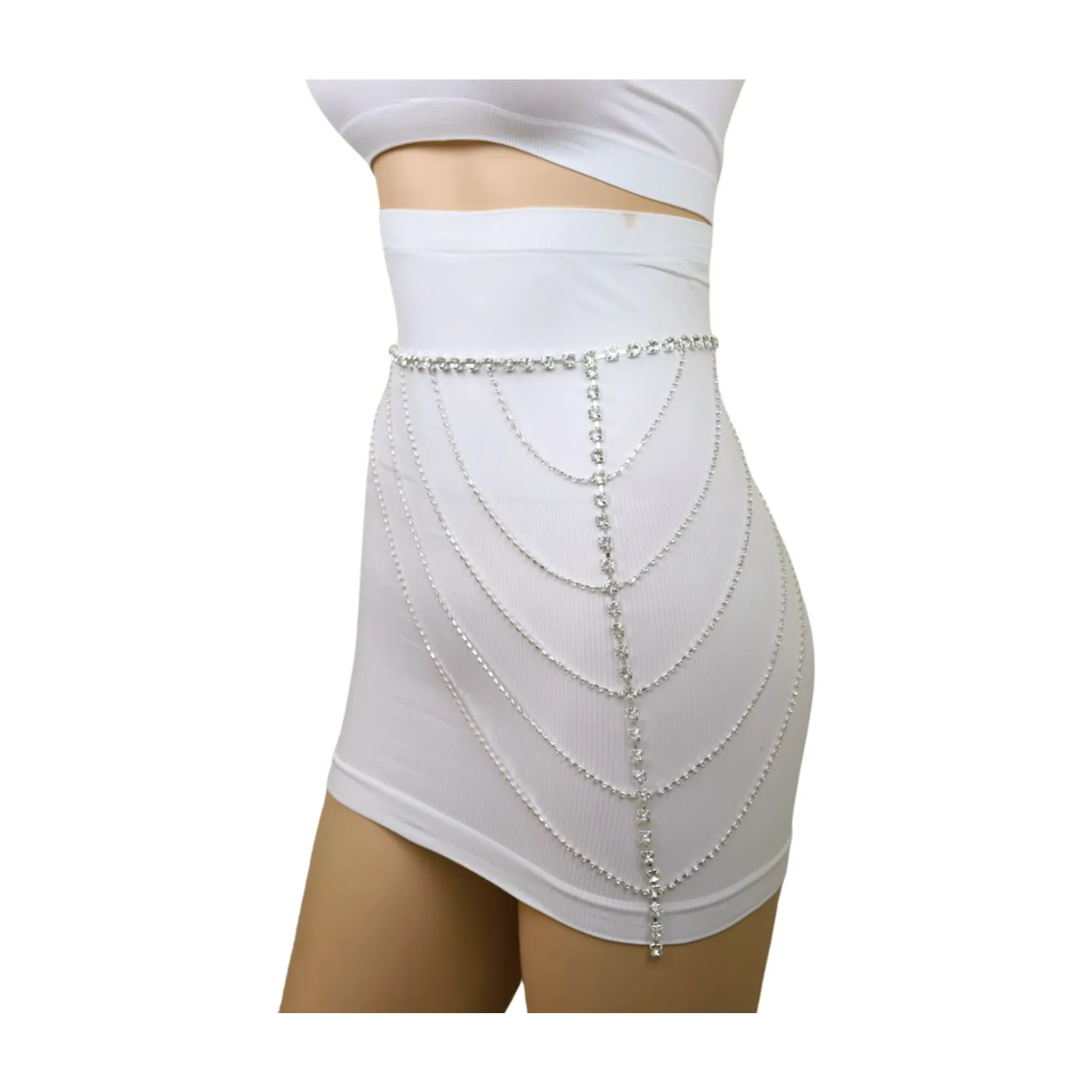 New Women Silver Metal Chain Wave High Waist Belt Rhinestones Size S M