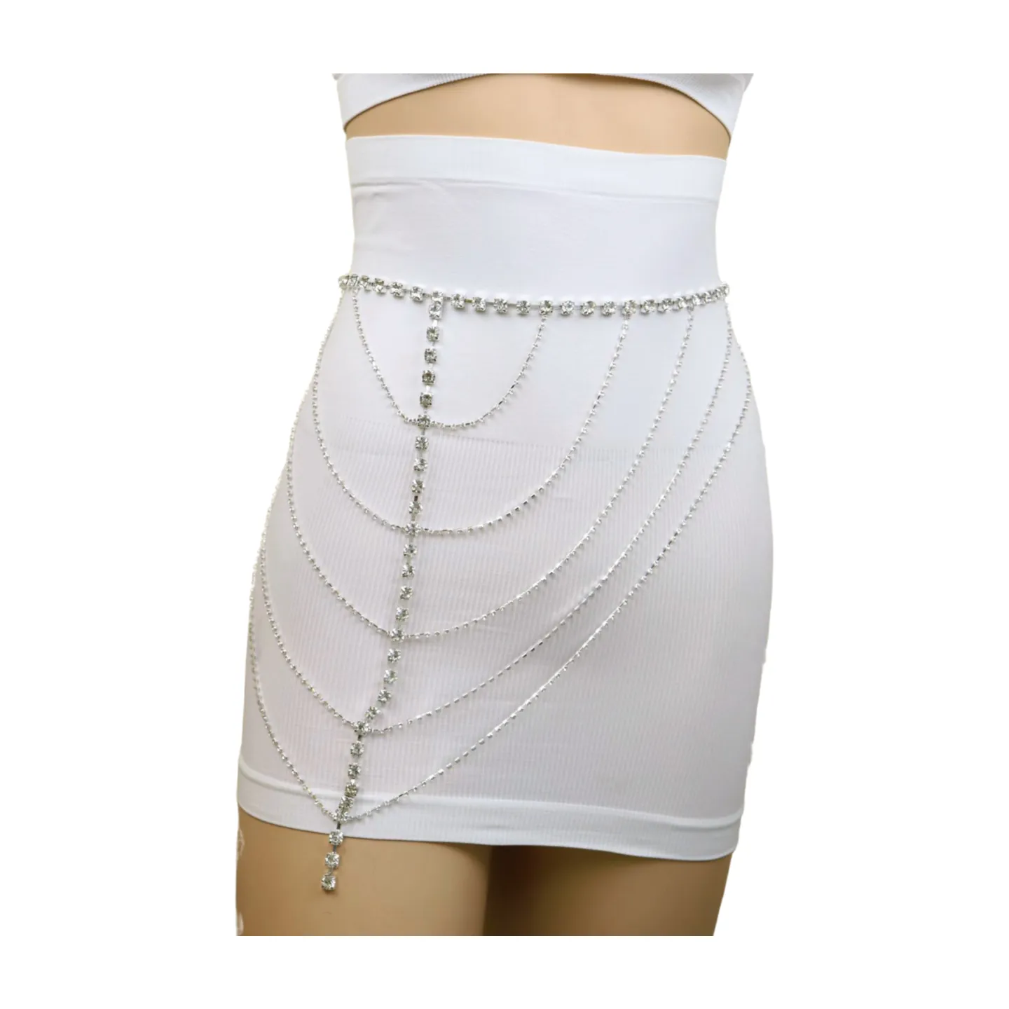 New Women Silver Metal Chain Wave High Waist Belt Rhinestones Size S M
