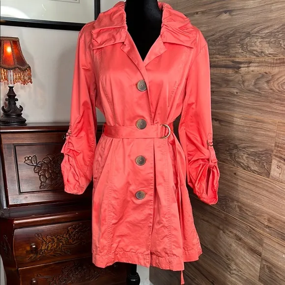 NIC ZOE Coral Sheen Trench Coat w Wide Puffy Collar and Long Roll Tab Sleeves XL