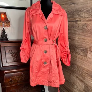 NIC ZOE Coral Sheen Trench Coat w Wide Puffy Collar and Long Roll Tab Sleeves XL