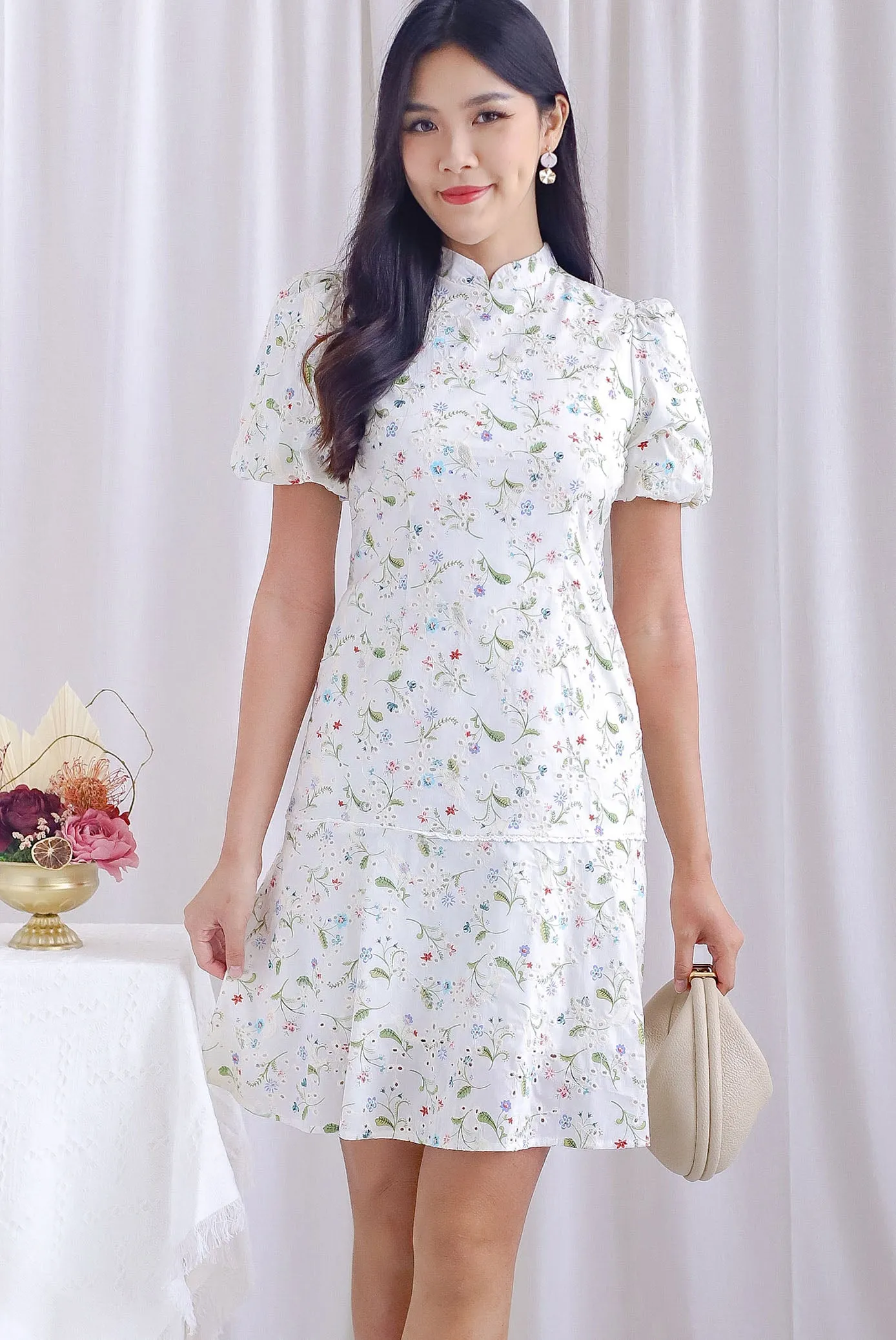 Nico Floral Eyelet Oriental Collar Sleeved Dress In White