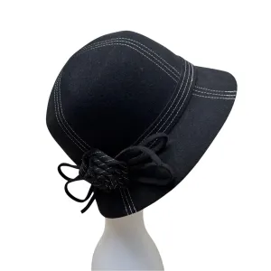 Nordstrom Womens Black Wool Felt Bucket Hat With White Stitch Detailing & Side Bow Accent