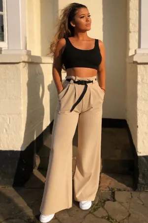 Nude High Waist Paper Bag Buckle Belt Trousers - Ivyonna