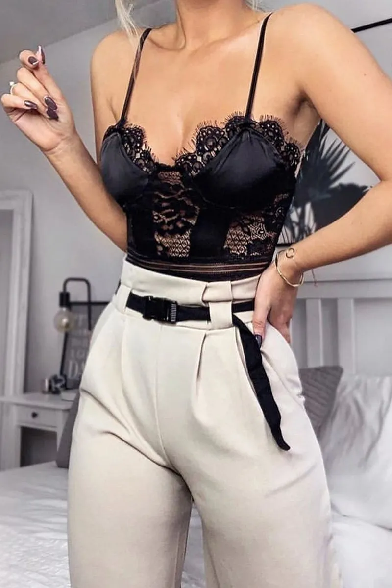 Nude High Waist Paper Bag Buckle Belt Trousers - Ivyonna