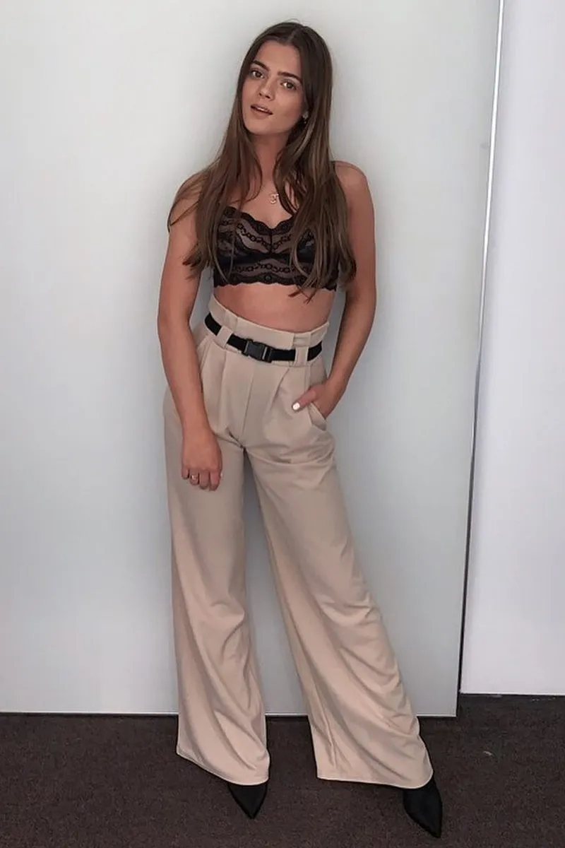 Nude High Waist Paper Bag Buckle Belt Trousers - Ivyonna