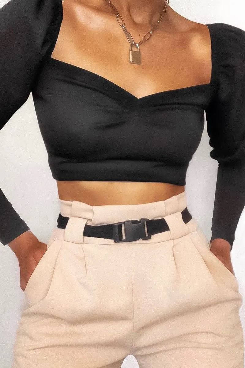 Nude High Waist Paper Bag Buckle Belt Trousers - Ivyonna