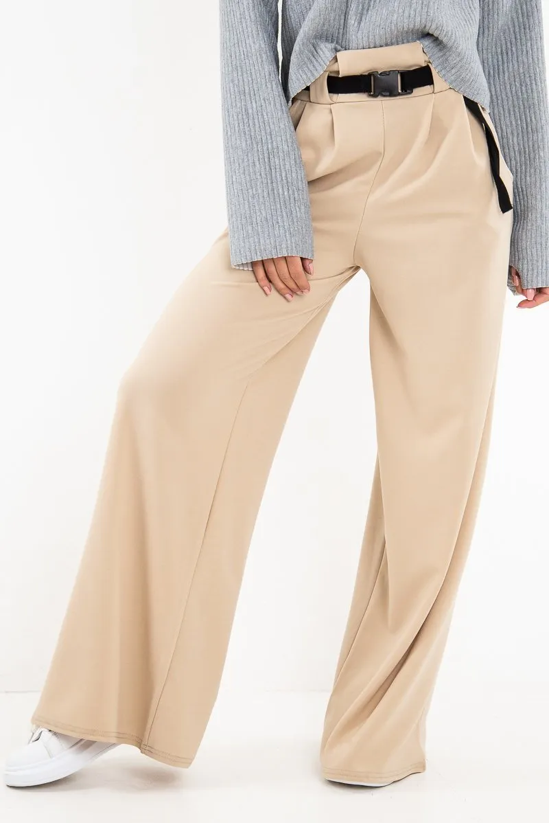 Nude High Waist Paper Bag Buckle Belt Trousers - Ivyonna