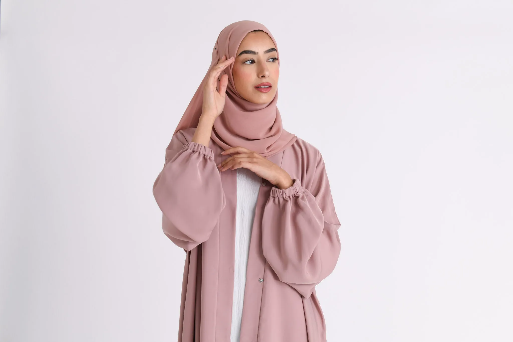 Nude Plain Open Abaya With Elasticated Cuff Sleeves (Premium)
