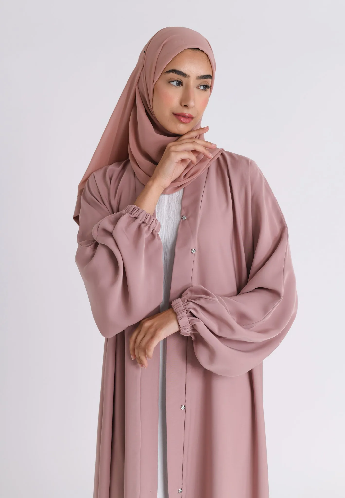 Nude Plain Open Abaya With Elasticated Cuff Sleeves (Premium)