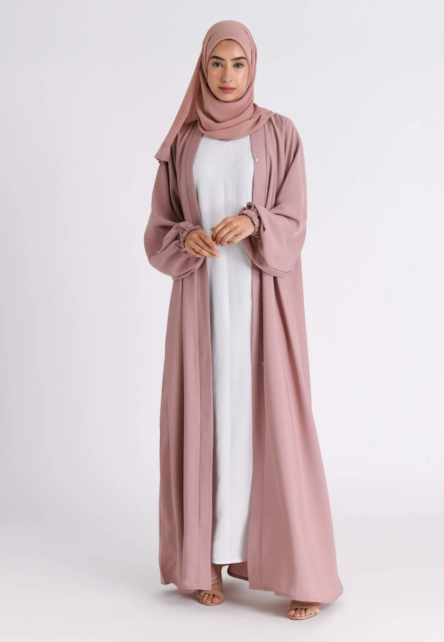 Nude Plain Open Abaya With Elasticated Cuff Sleeves (Premium)