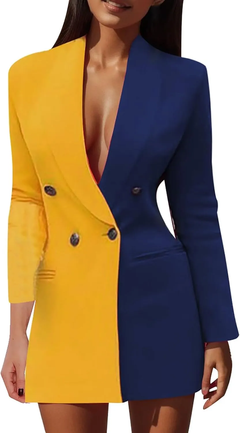 Office Blazer Dresses Women Long Sleeve Double Breasted Mini Suit Dress Casual V Neck Business Dress
