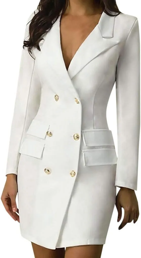 Office Blazer Dresses Women Long Sleeve Double Breasted Mini Suit Dress Casual V Neck Business Dress
