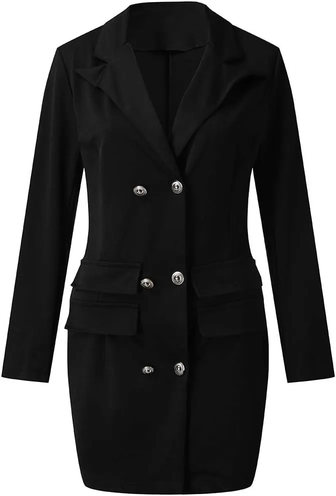 Office Blazer Dresses Women Long Sleeve Double Breasted Mini Suit Dress Casual V Neck Business Dress