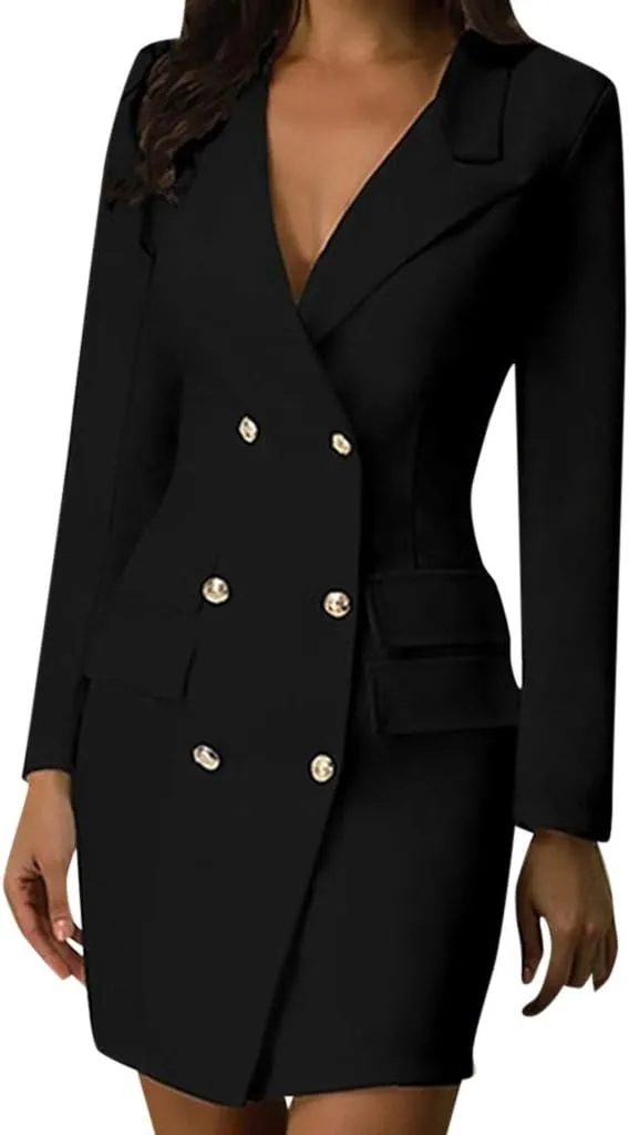 Office Blazer Dresses Women Long Sleeve Double Breasted Mini Suit Dress Casual V Neck Business Dress