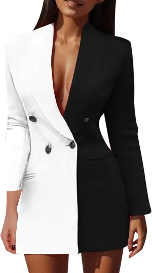 Office Blazer Dresses Women Long Sleeve Double Breasted Mini Suit Dress Casual V Neck Business Dress