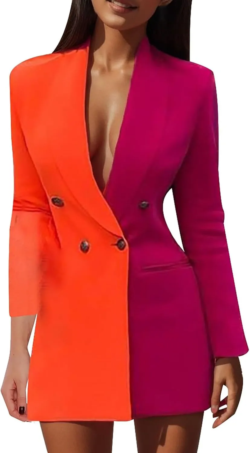 Office Blazer Dresses Women Long Sleeve Double Breasted Mini Suit Dress Casual V Neck Business Dress