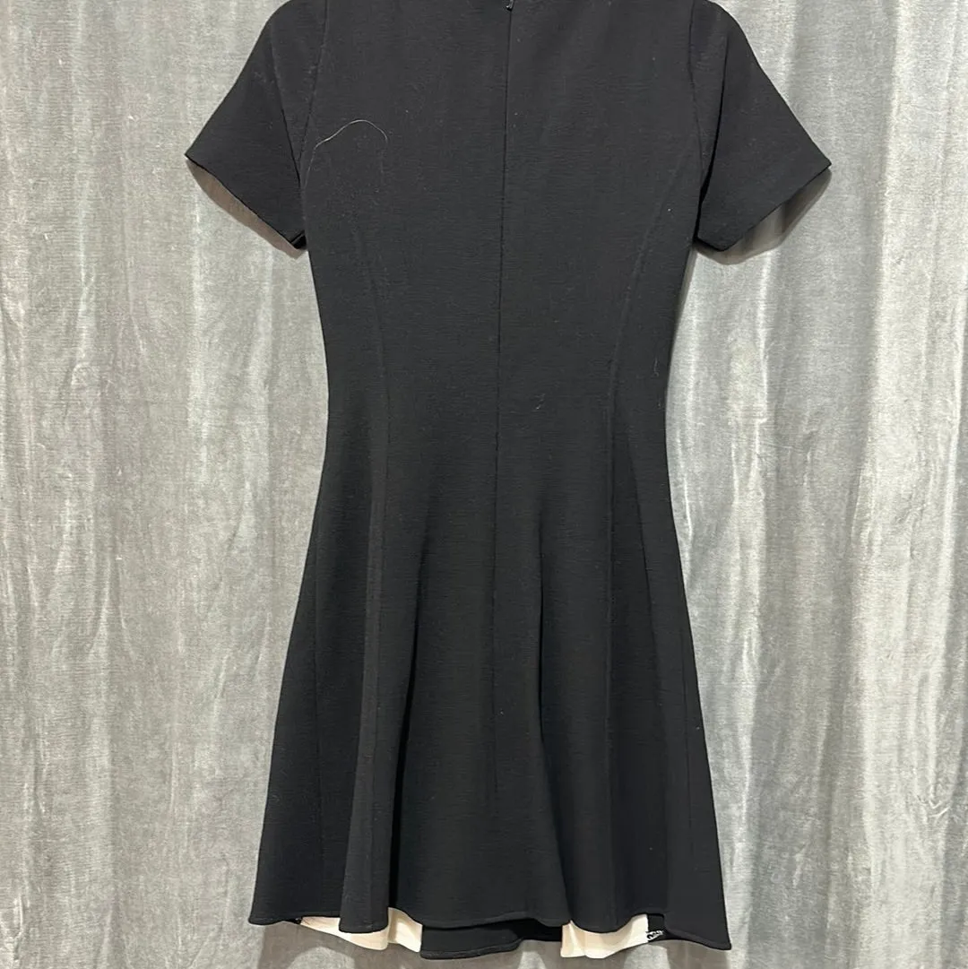 Oscar De LaRenta Black Short Sleeve Dress with Flare Bottom and White Pleated