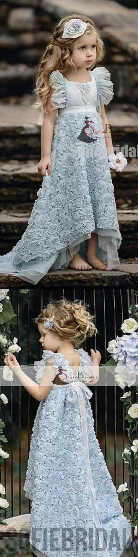 Pale Blue Lovely Floral Flower Girl Dresses, Little Girl Dresses, Flower Girl Dresses, FG086