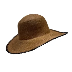 Pantropic Handwoven Brown Straw Wide-Brimmed Hat With Black Crochet Edge Detail