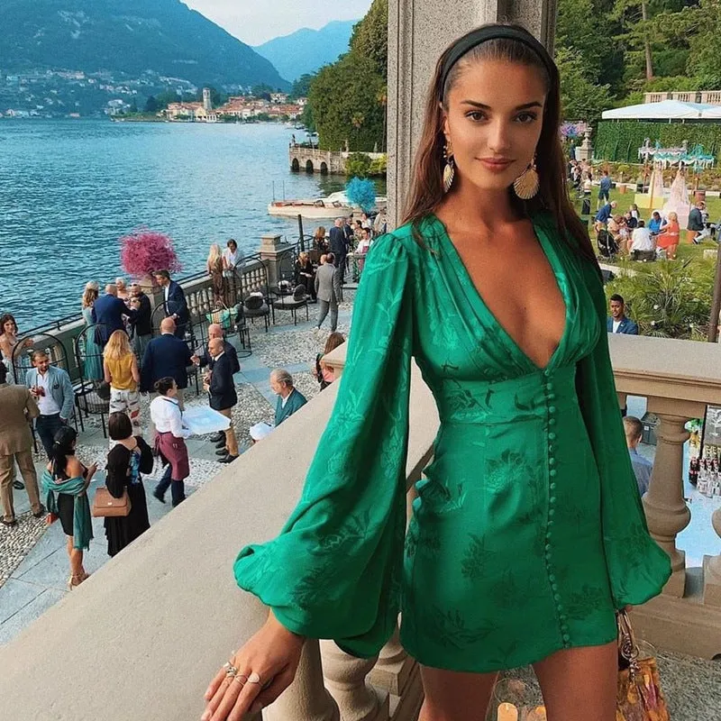 Party V-neck Lantern Sleeve Floral Bodycon Mini Dresses