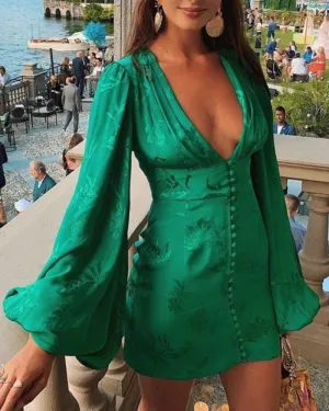 Party V-neck Lantern Sleeve Floral Bodycon Mini Dresses