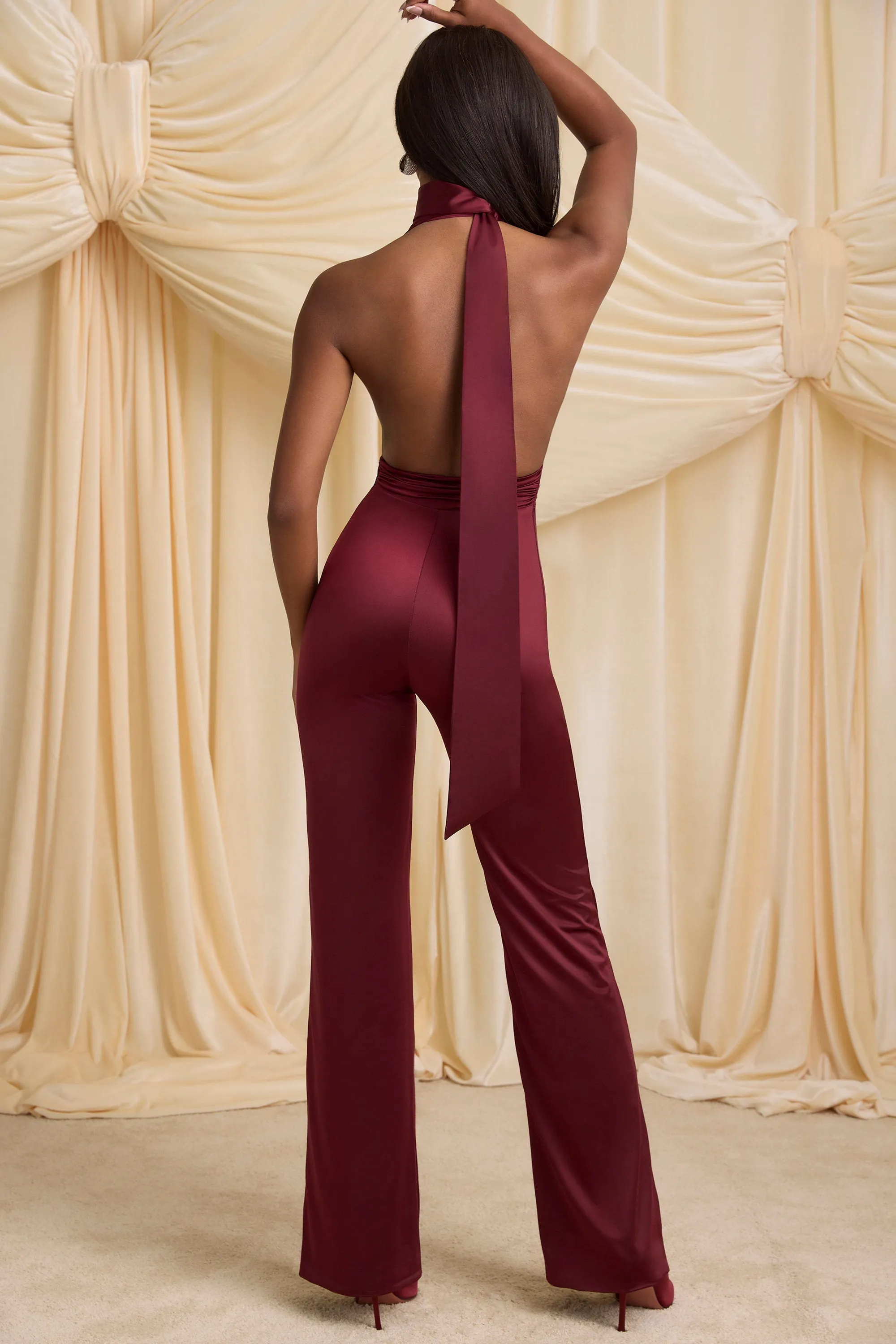 Petite Scarf-Detail Halterneck Jumpsuit in Wine Red