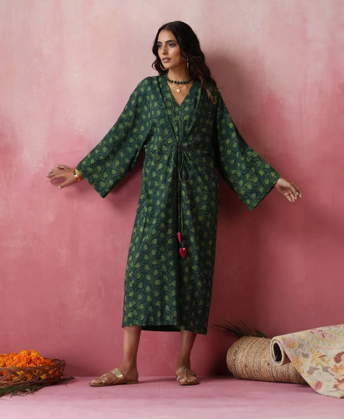 Pine - Freesize Kaftan Dress with tie up belt